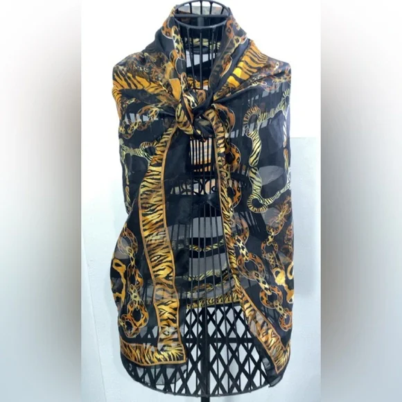 Black and Gold Tiger Print Scarf/Scarve Vintage - Picture 8 of 9